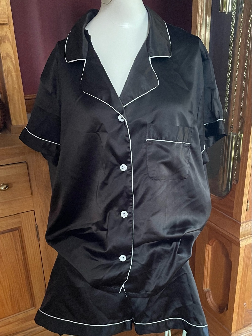 Black Satin Short Sleeve Pajama Set White Piping /drawstring shorts/ slippers